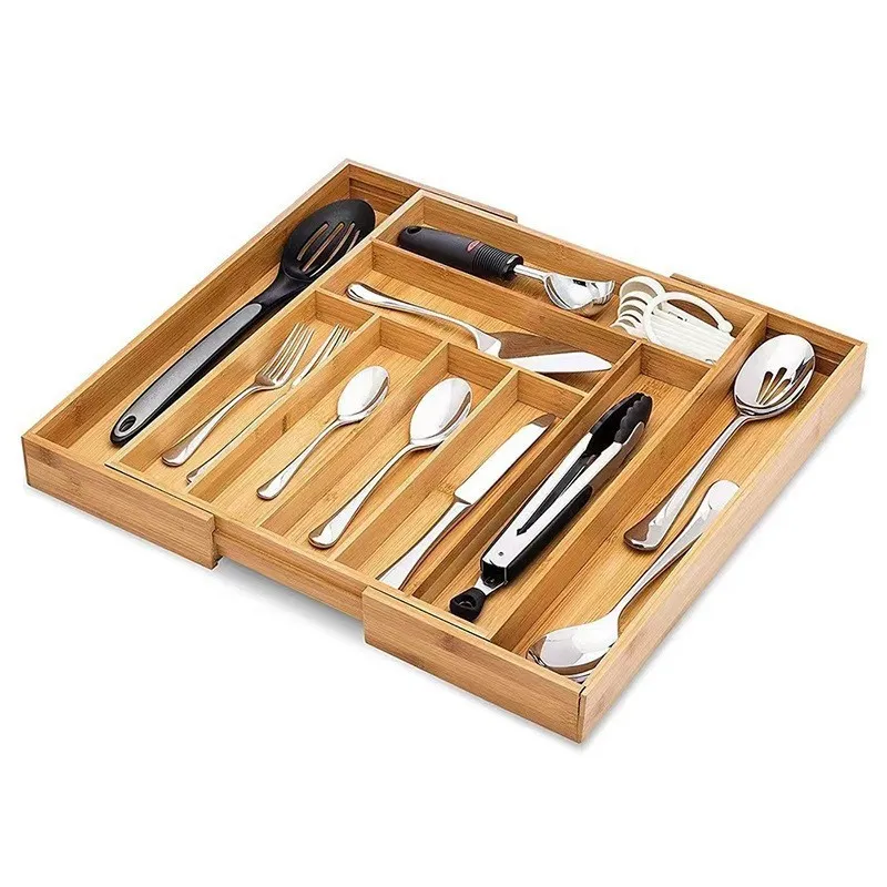 Organizador extensible del divisor del cajón de la bandeja de los cubiertos de bambú del organizador