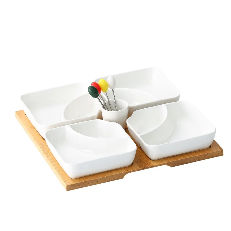 Frutero de cer&aacute;mica multirejilla con bandeja de madera de bamb&uacute; para vajilla del hogar 