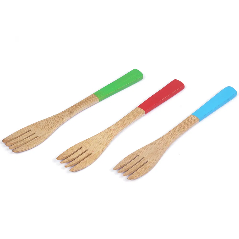 Tenedor de bamb&uacute; para acampar para beb&eacute;s con mango de colores 