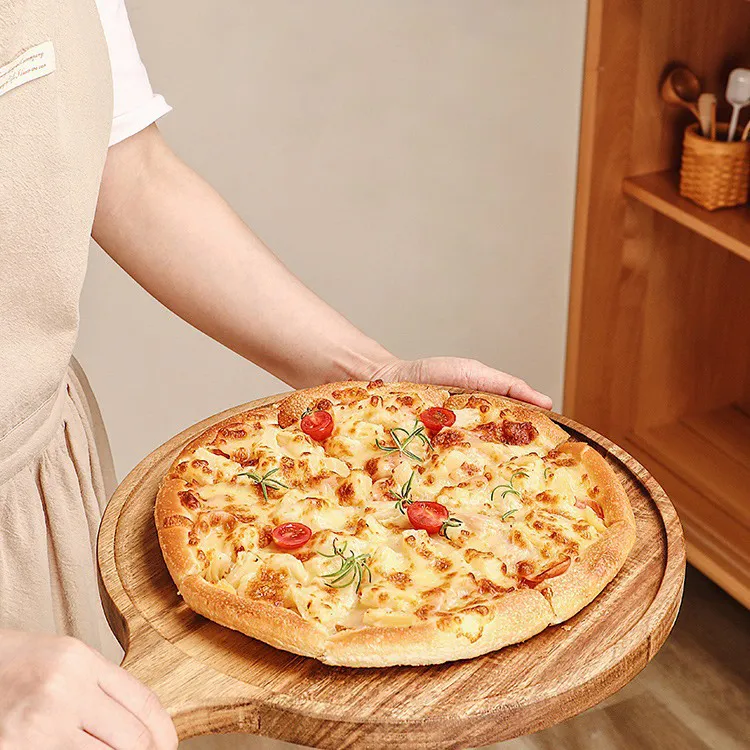 Bandeja redonda de madera para servir pizza, juego de 3 con asa 