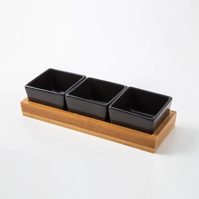 3 bandejas rectangulares divididas de bamb&uacute; para servir con platos de cer&aacute;mica para refrigerios/salsa 