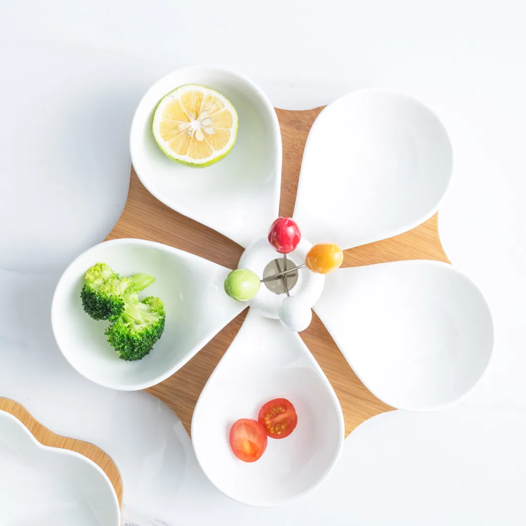 Ensaladera de cer&aacute;mica de 5 rejillas y plato para salsa con bandeja de bamb&uacute; para servir el t&eacute; de la tarde, frutas, postres y nueces 