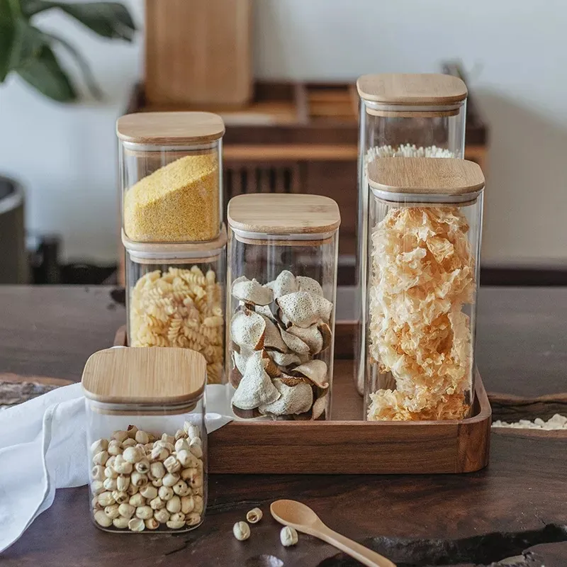 Tarro de vidrio con tapa de bamb&uacute; para caf&eacute; en grano, dulces, galletas, fideos, nueces, especias 