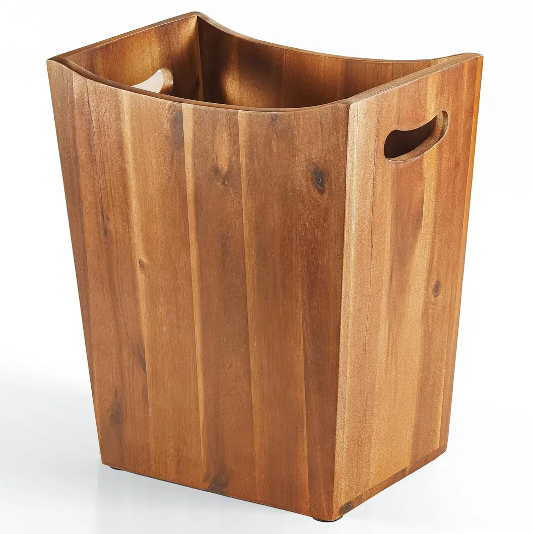 Cesta de basura peque&ntilde;a de madera de acacia con asas para el ba&ntilde;o 