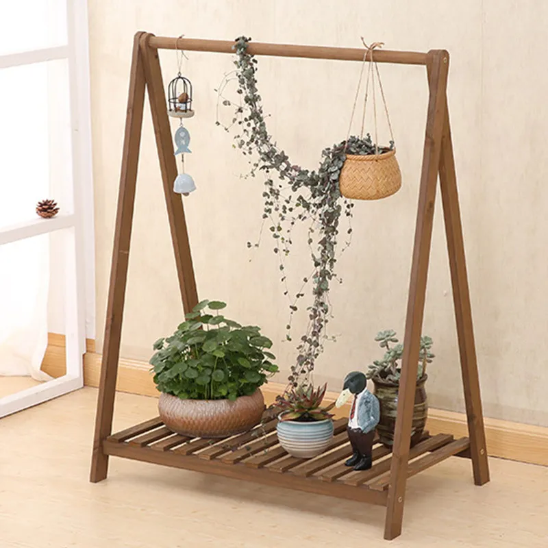 Estante de flores de madera maciza para macetas con flores y plantas colgantes 
