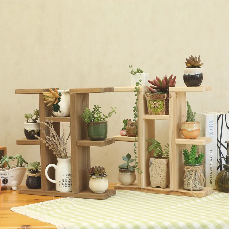 Estante de escritorio de m&uacute;ltiples capas con soporte de flores de madera s&oacute;lida para libros/juguetes/plantas 