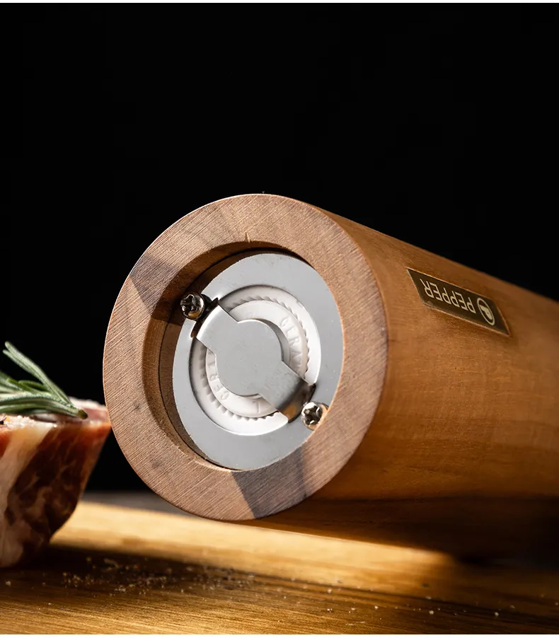 Juego de molinillo de pimienta manual de madera de acacia para moler especias y sal