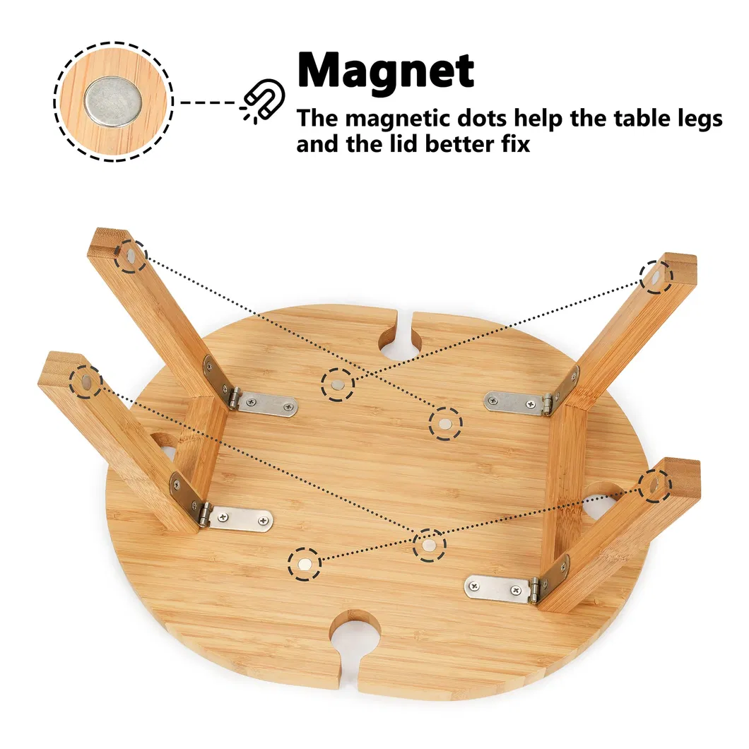 Mesa de picnic de bambú de forma ovalada para exteriores con soporte de vidrio para parque, playa, camping y cama