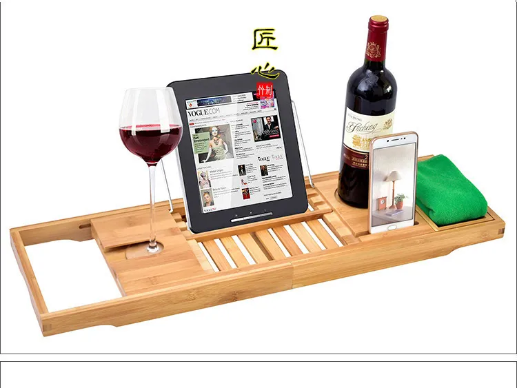 Estante de ba&ntilde;o retr&aacute;ctil multifuncional antideslizante de bamb&uacute;, estante para ba&ntilde;era con soporte para vino tinto 