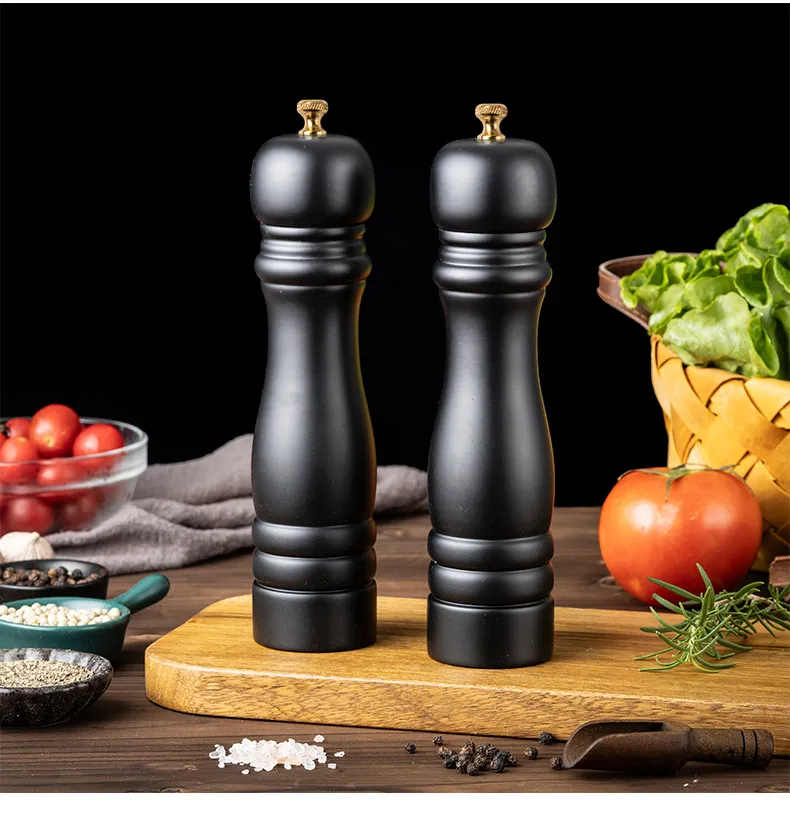 Molinillo de pimienta de madera pintado de PU negro de 8 pulgadas, molinillo de sal marina 