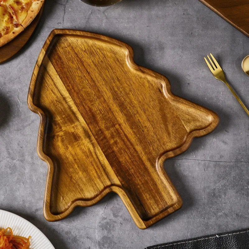 Bandeja festiva de madera de acacia para servir &aacute;rbol de Navidad para picnics