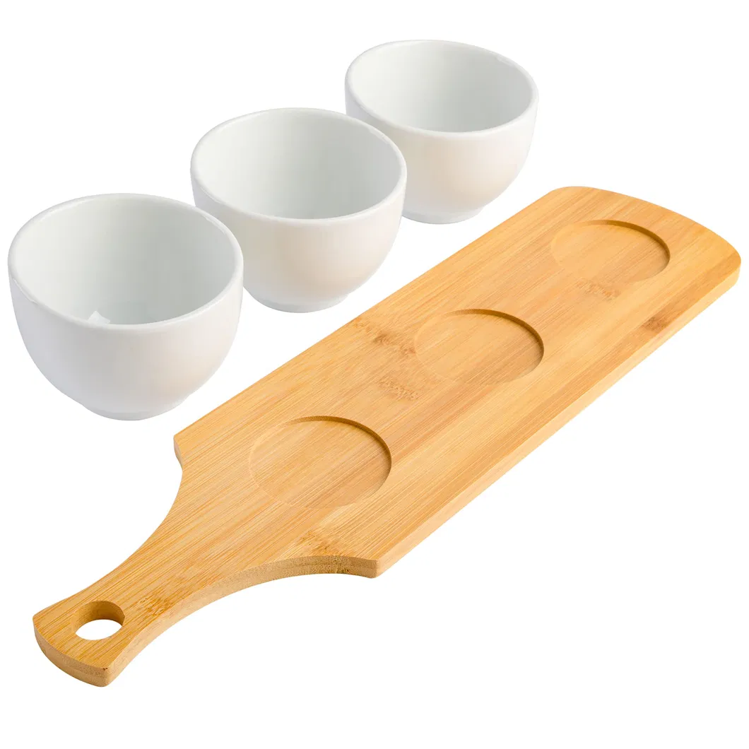 Elegante juego de cuencos Tidbit blancos de 3 piezas con bandeja para servir de bamb&uacute; 