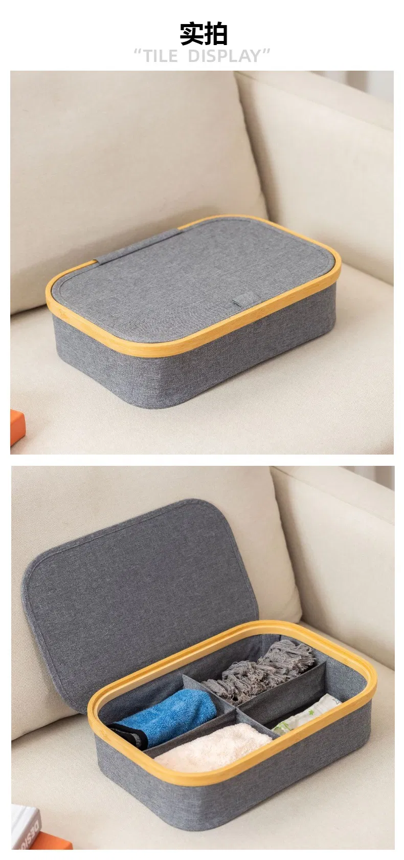 Contenedor de almacenamiento plegable de tela de bamb&uacute; de 4 compartimentos con tapa 