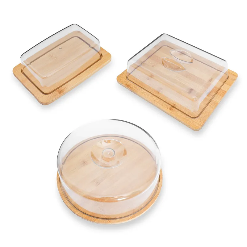 Soporte de mantequilla de bamb&uacute; Soporte para pasteles Bandeja de mantequilla con tapa transparente 