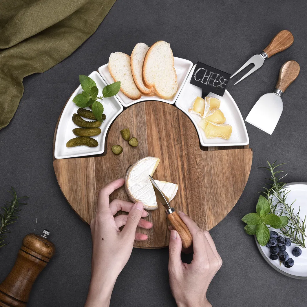 Tabla redonda de queso de acacia con tazones y cuchillos extra&iacute;bles de Fujian Factory 