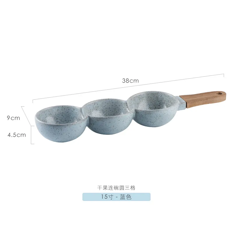 Elegante juego de cuencos de cer&aacute;mica de 3 piezas con asas de madera para snacks 