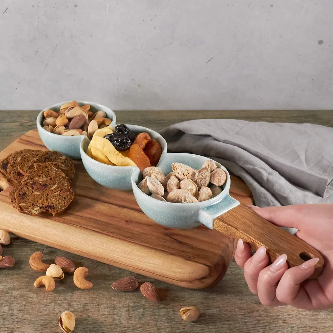 Taz&oacute;n para servir de 3 partes con mango de madera para salsas, condimentos, salsas, mezze, refrigerios, nueces y aceitunas 