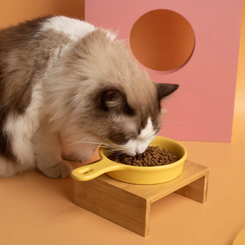 Cuenco de cer&aacute;mica con fondo plano para gatos Slow - Comedero Bebedero con mango y soporte de bamb&uacute; 