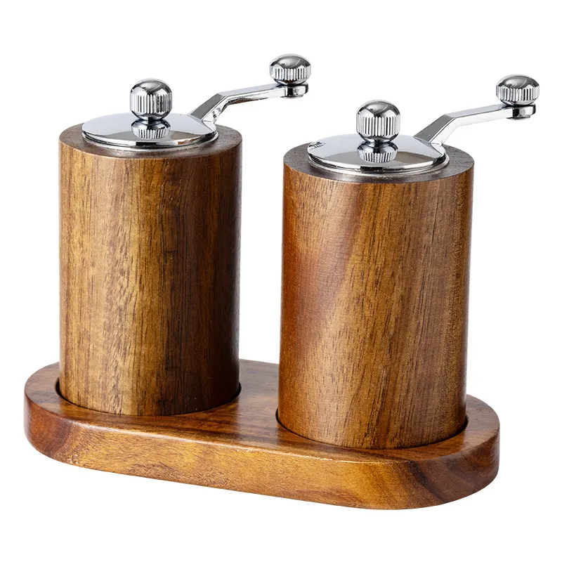 Jarr&oacute;n con molinillo de pimienta de madera de acacia manual con bandeja 