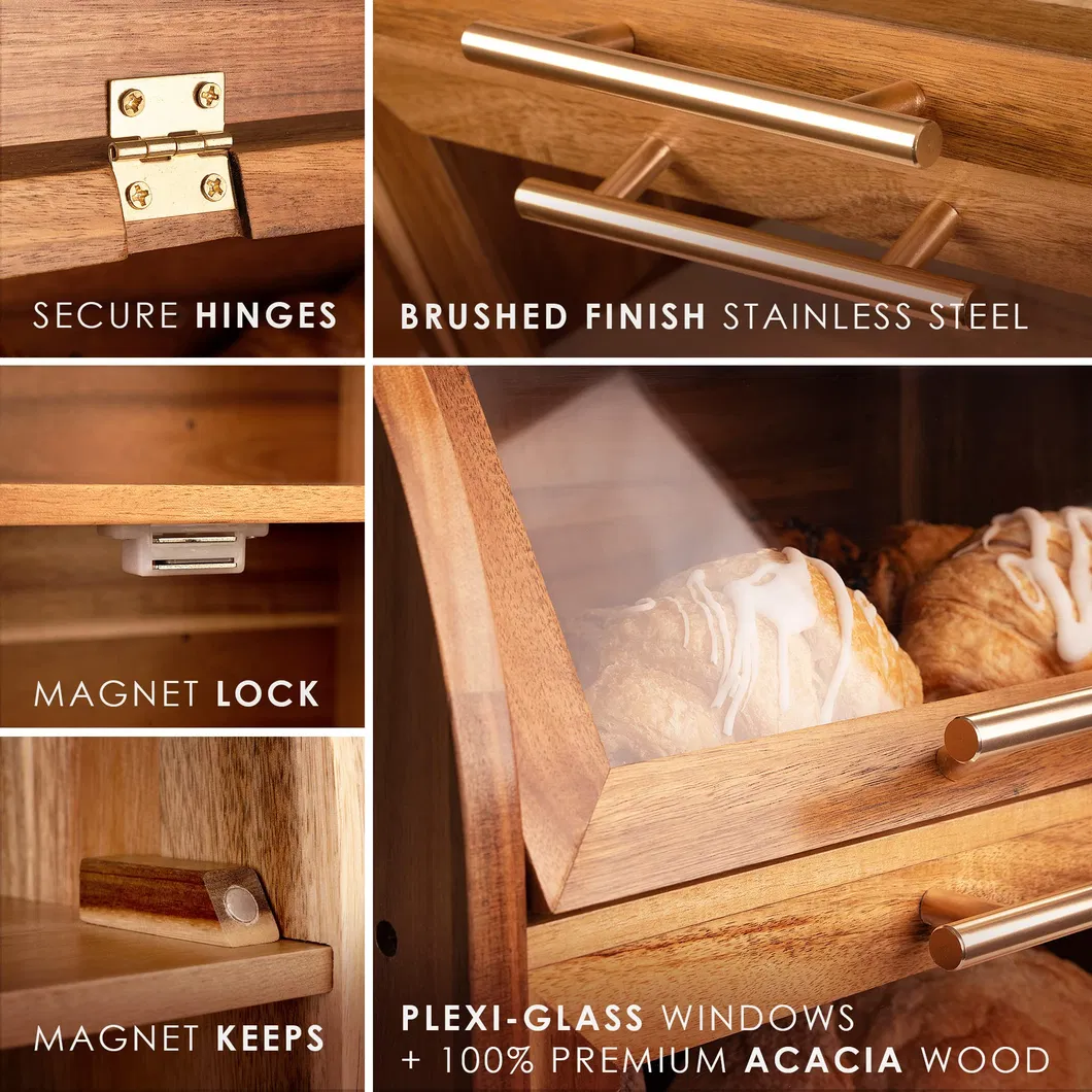 Caja de pan de madera de acacia doble grande, contenedor de almacenamiento para cocina 