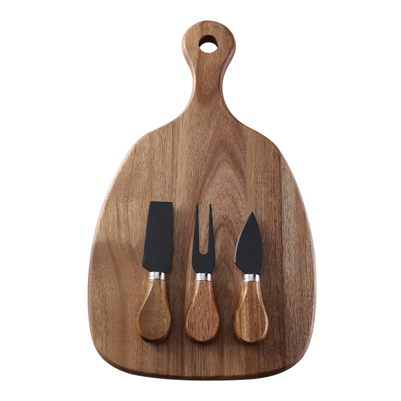 Tabla para servir queso de madera de acacia de f&aacute;cil limpieza con asas y cuchillos negros Tabla para servir queso de madera de acacia 