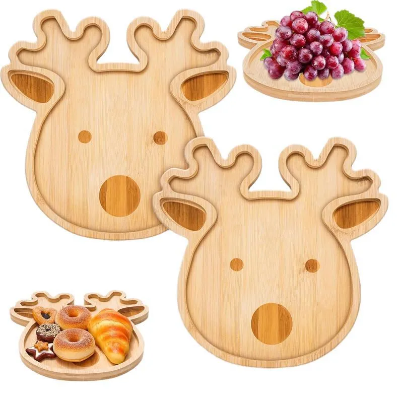 2 piezas de bandejas navide&ntilde;as de bamb&uacute; con forma de reno para servir queso, bocadillos y embutidos en la fiesta de Navidad