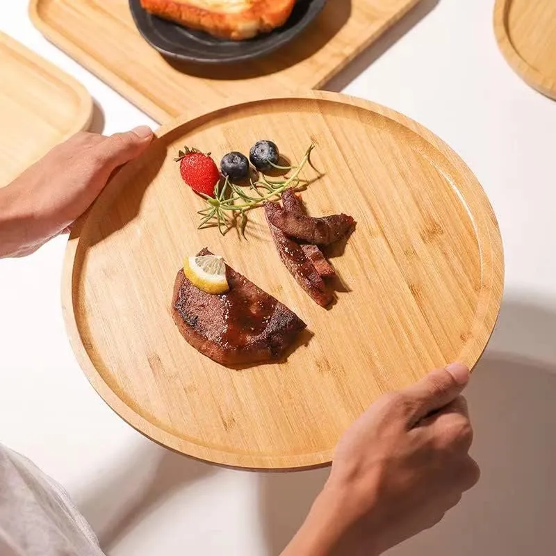 Bandeja redonda de bamb&uacute; para servir, juego de 3 platos de bamb&uacute; para mesa 
