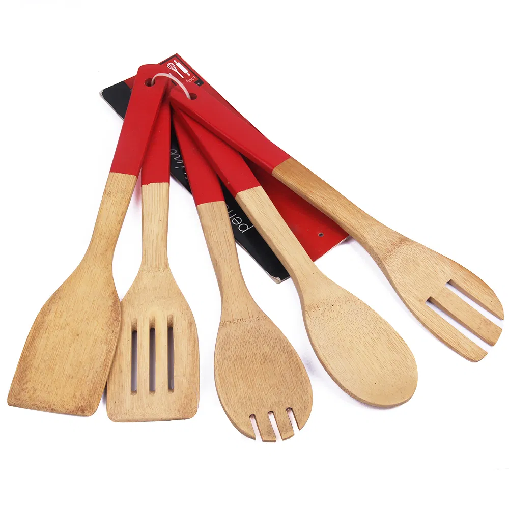 Juego de 5 utensilios de cocina de bamb&uacute; de color personalizado para cocina