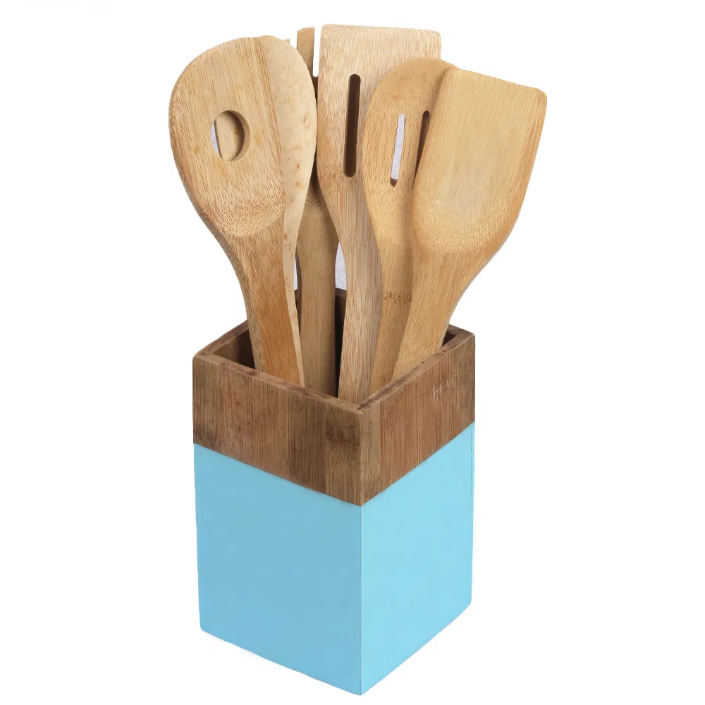 Home Basics Juego de 7 utensilios de bambú de colores con soporte