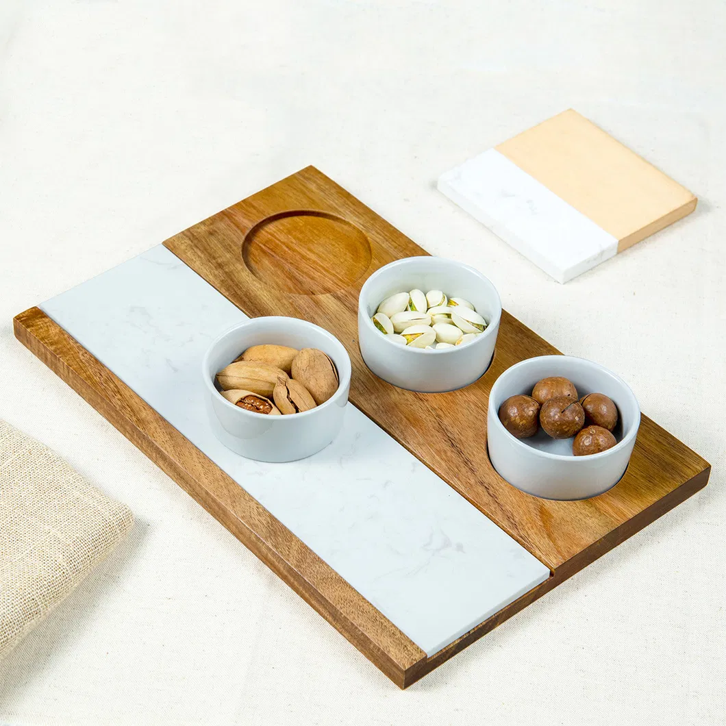 Tabla para servir de madera de acacia con m&aacute;rmol y 3 vasos DIP de cer&aacute;mica 
