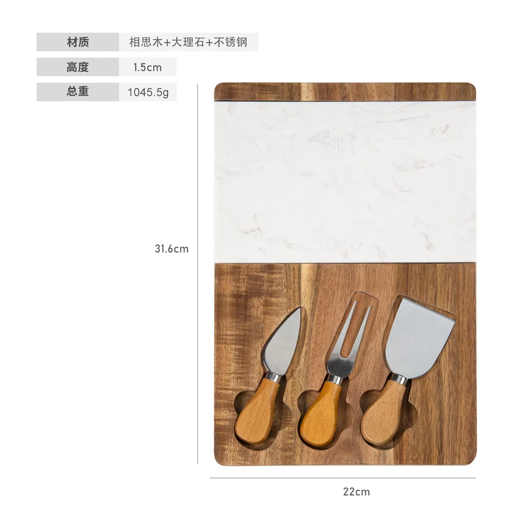 Tabla grande para quesos de madera de acacia y mármol con juego de 3 cuchillos