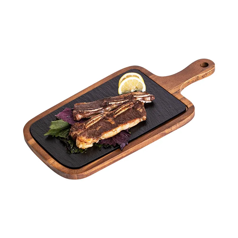 Fuente de madera de acacia con incrustaciones de pizarra negra y mango 