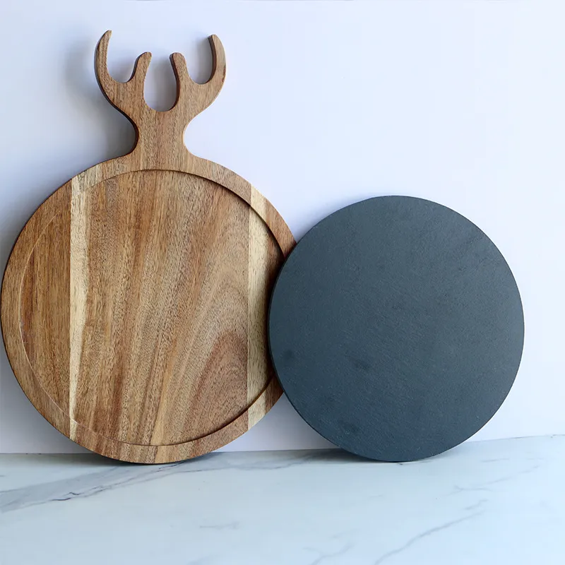 Tabla de quesos redonda de Navidad de madera de acacia y pizarra 