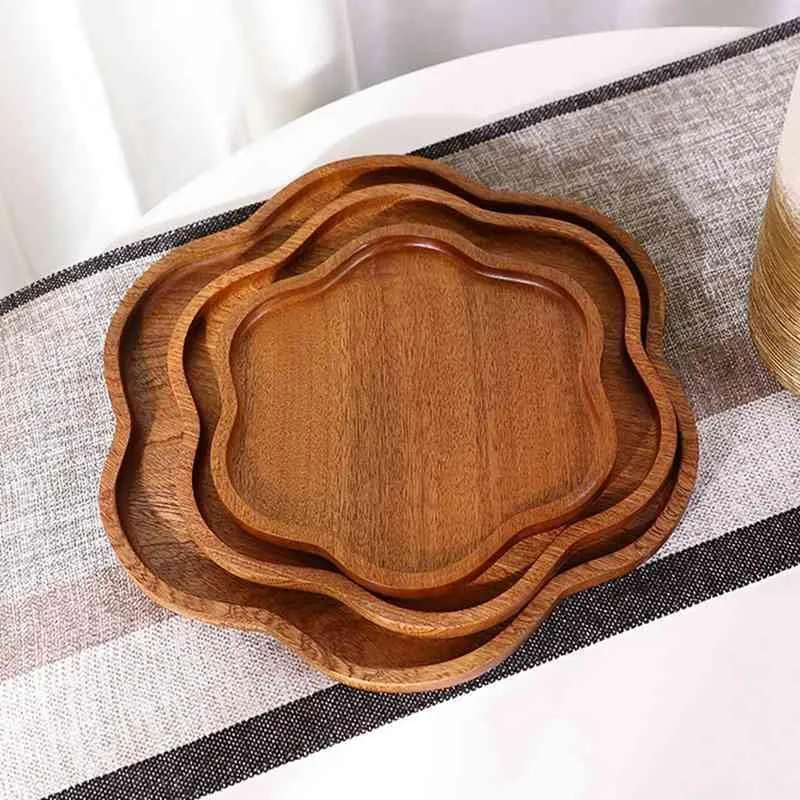 Juego de platos de postre, fruta, pan y cena de madera de &eacute;bano con forma de p&eacute;talo 