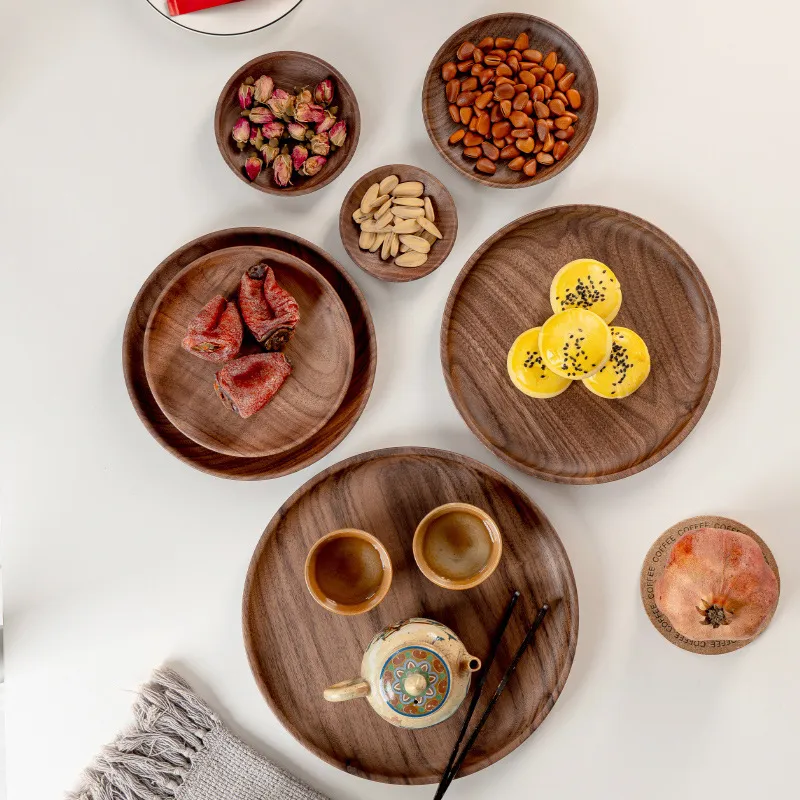 Juegos de platos de madera redondos de nogal negro rústico para servir sushi/bocadillo/postre