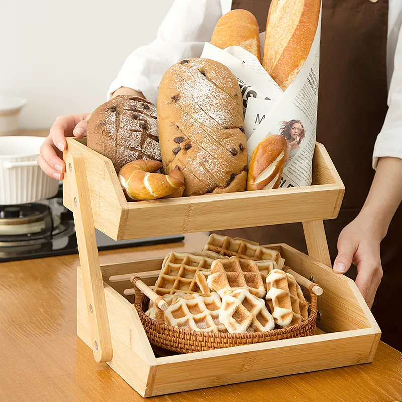 Cesta de almacenamiento de bambú de 2 niveles para encimera para frutas, verduras y pasteles