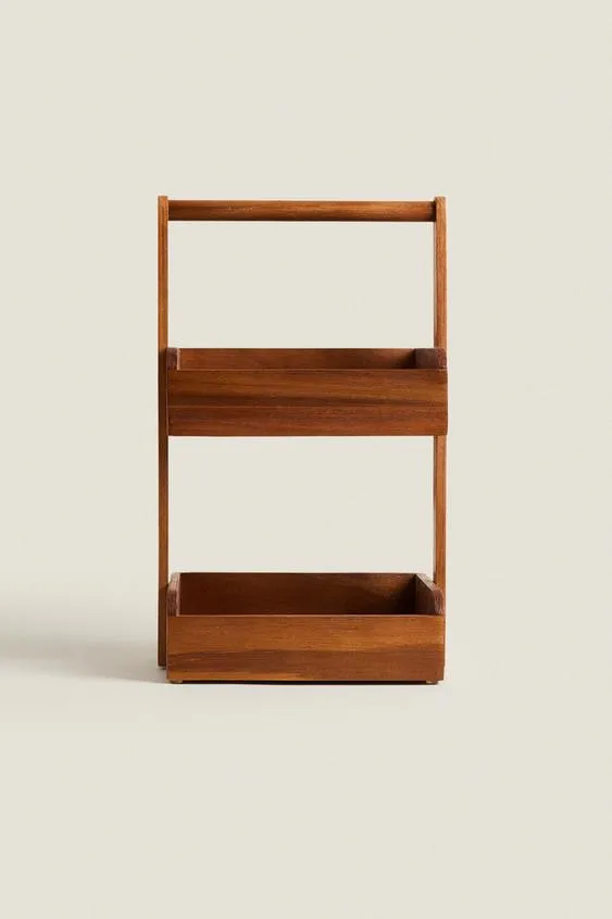 Estante derecho del organizador de la ducha del estante del almacenamiento de madera de acacia del piso de 2 niveles con manija 