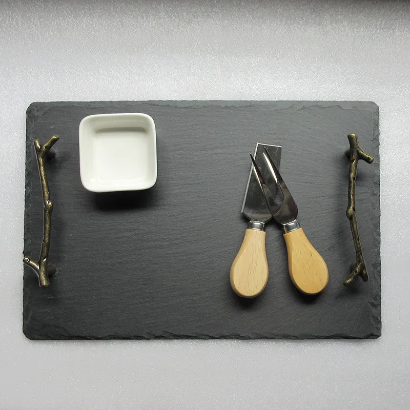Tabla para servir queso de pizarra rectangular y bandeja con asa 