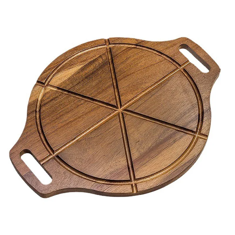Tabla para servir pizza de madera con forma de paleta, con asas y cuchillos 