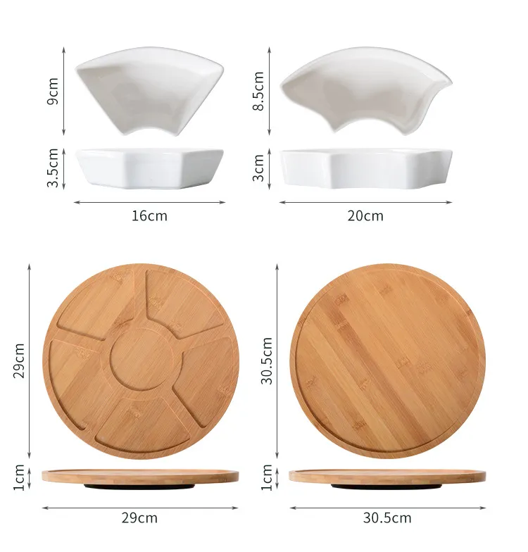 Plato giratorio de cer&aacute;mica dividido para servir, Bamboo Lazy Susan para restaurante, aperitivos de frutas.