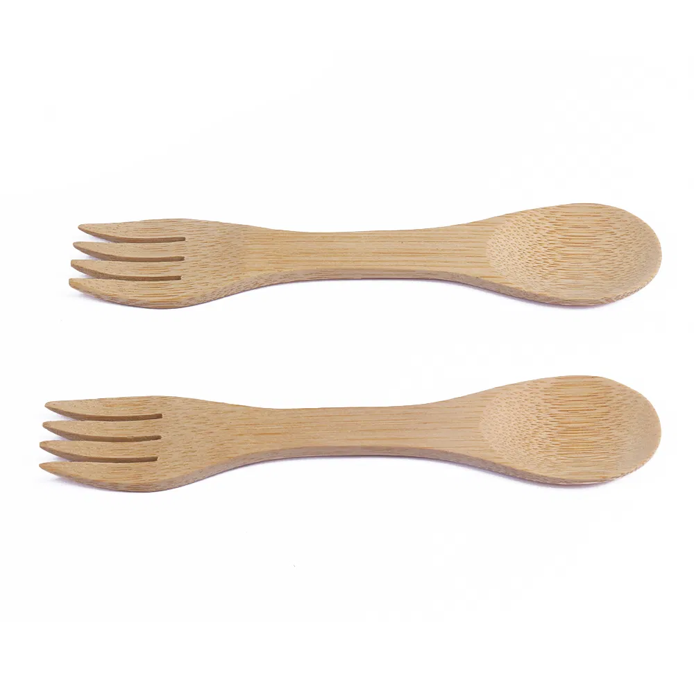 Suministro de juego de tenedores y cuchara de bambú reutilizables, tenedor y cuchara de bambú