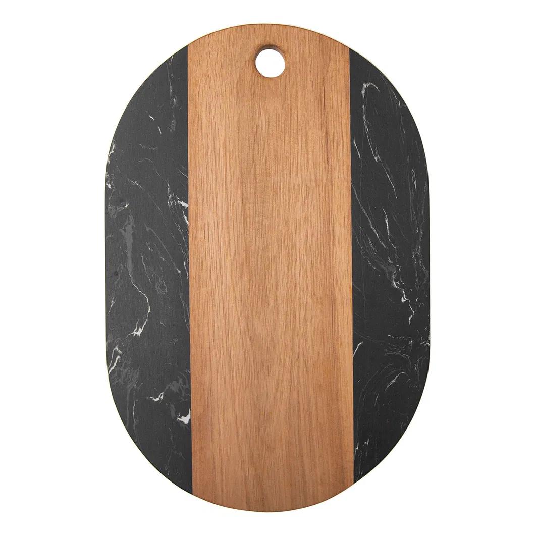 Tabla de cortar de madera de acacia y mármol negro con forma ovalada