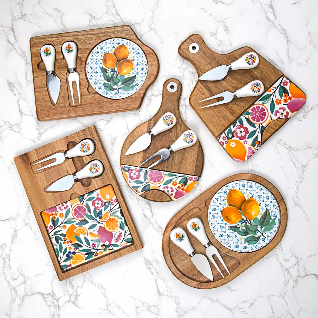 Tablas de madera para servir embutidos y quesos con plato de m&aacute;rmol y juego de cuchillos 