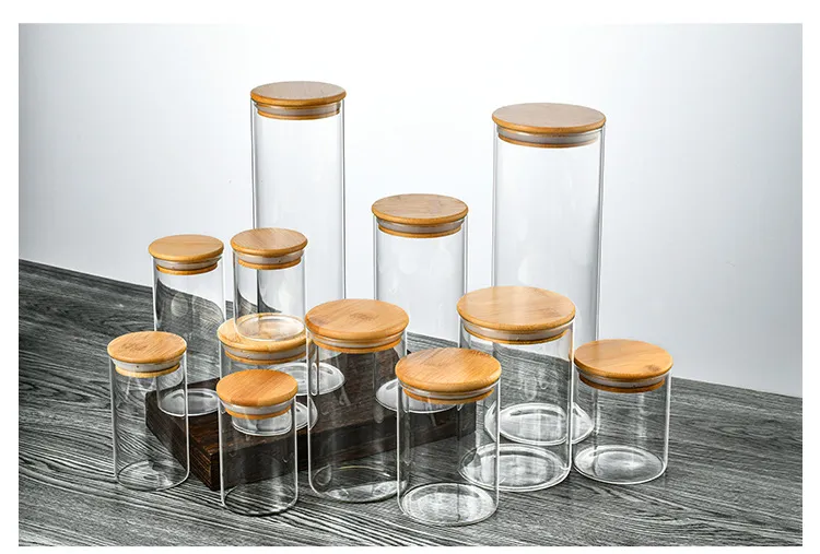 450ml 550ml 750ml 900ml Tarro redondo de vidrio para almacenamiento de alimentos con tapa de madera de bamb&uacute; 