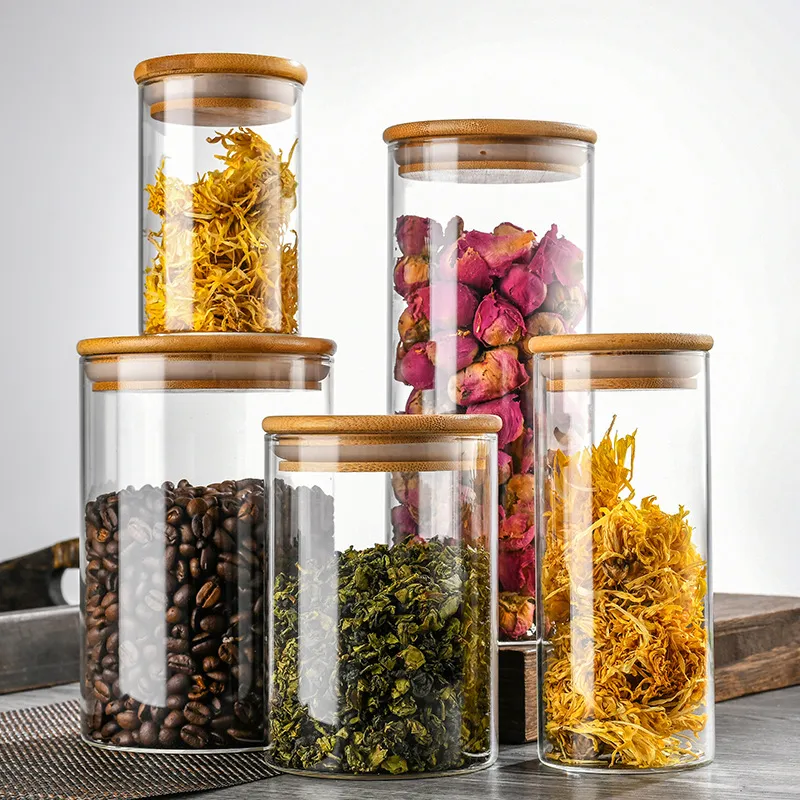Venta al por mayor Tarro de almacenamiento de alimentos de vidrio con alto contenido de borosilicato con tapa de bamb&uacute; 