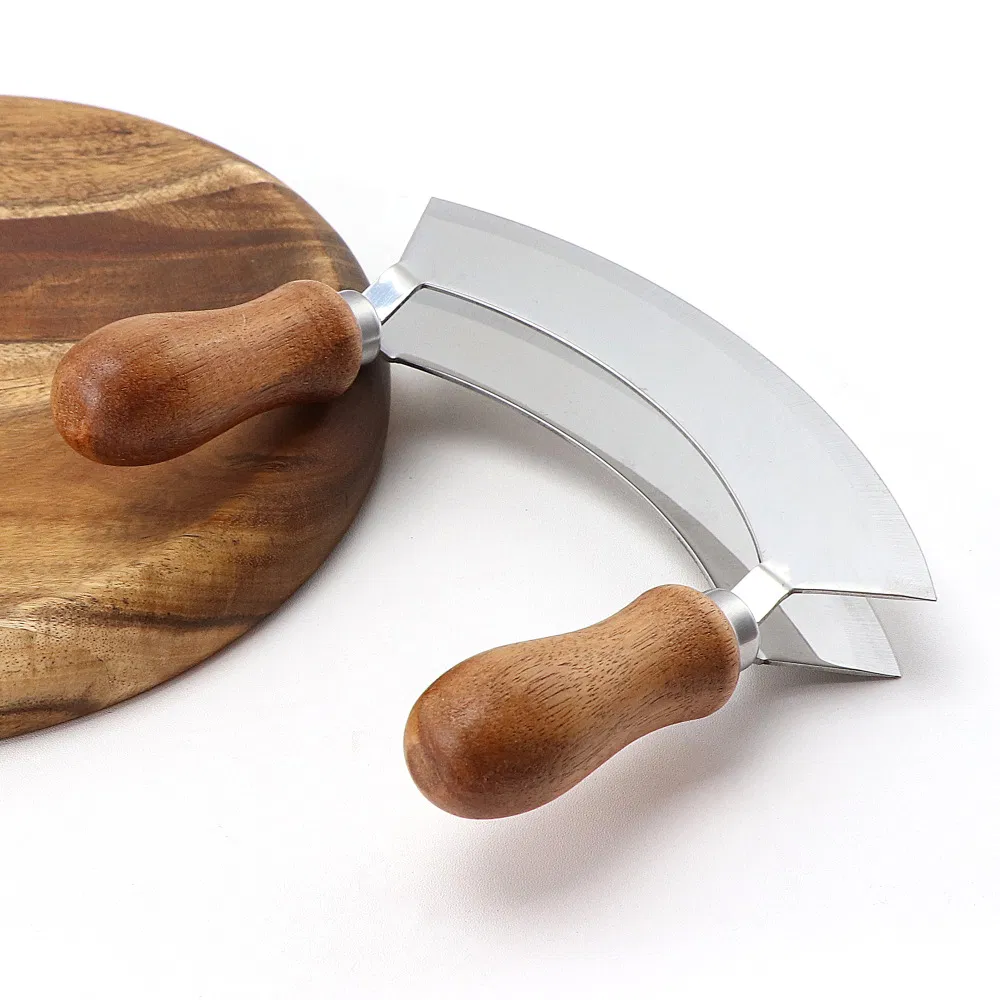 Tabla de cortar redonda de madera con picadora de hierbas Mezzaluna de acero inoxidable de doble hoja 