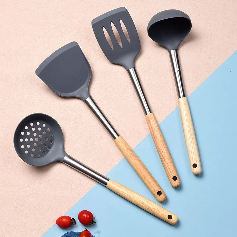 Utensilios de cocina de silicona resistentes al calor de calidad alimentaria para fre&iacute;r pala con mango de madera Utensilios de cocina 