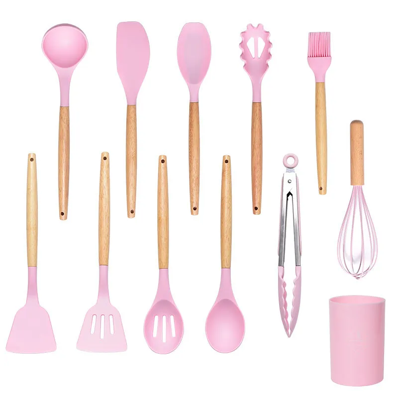 Venta al por mayor de utensilios de cocina de silicona personalizados con mango de madera para cocinar 