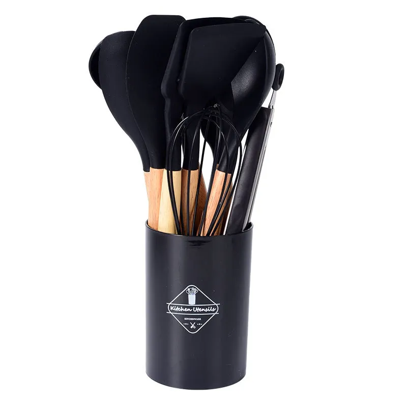 de 12 piezas de accesorios de cocina de silicona, herramientas de cocina, utensilios de cocina con mangos de madera