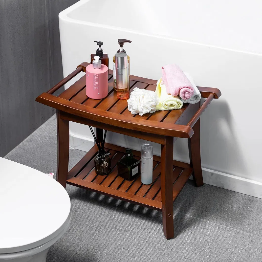 ba&ntilde;o de bamb&uacute; antideslizante e impermeable de color carbonizado Taburete de ducha con colgador de toalla